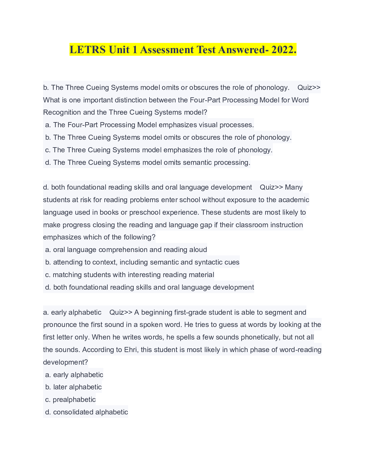 Preview image for LETRS Unit 1 Assessment Test Answered- 2022.